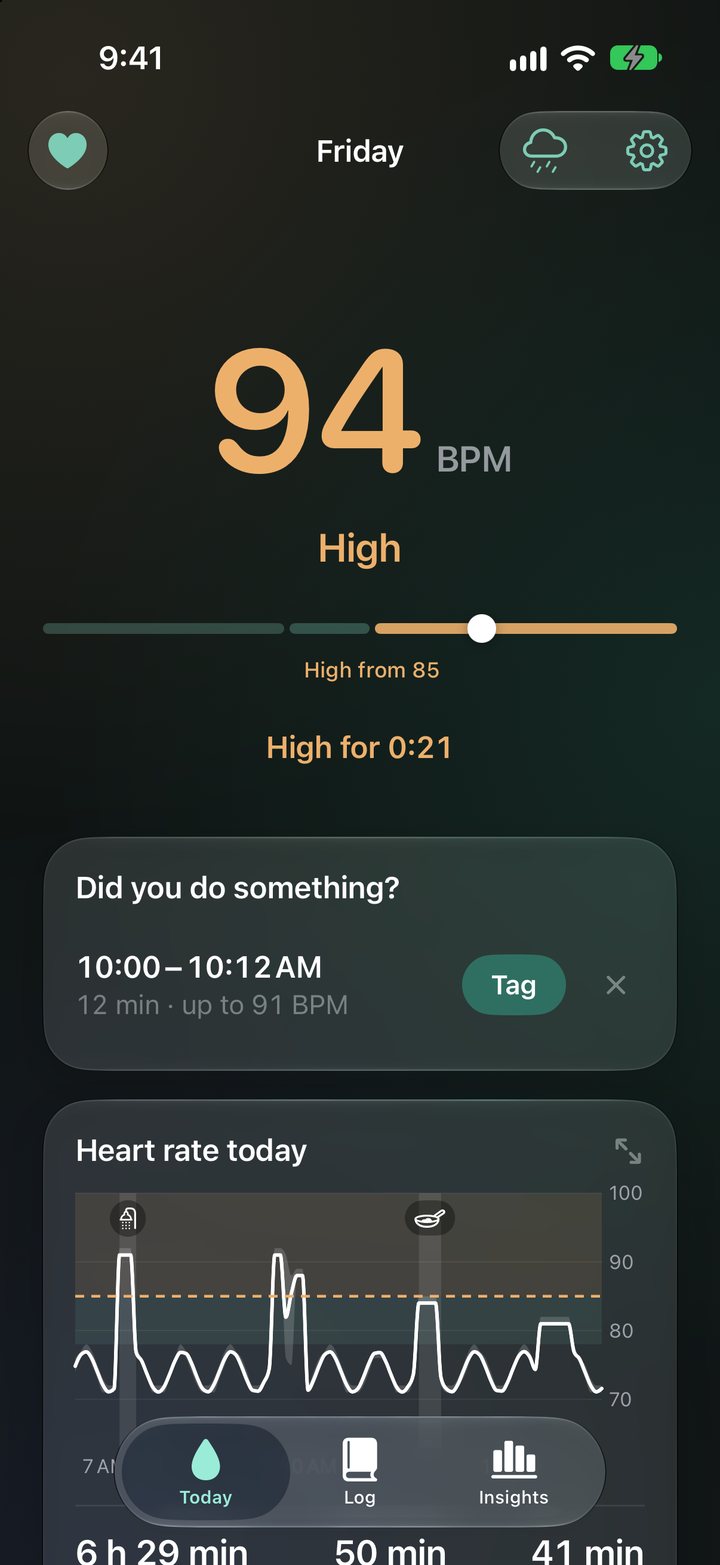 Heart rate on Today: 94 BPM in amber, High from 85, high for 21 seconds.