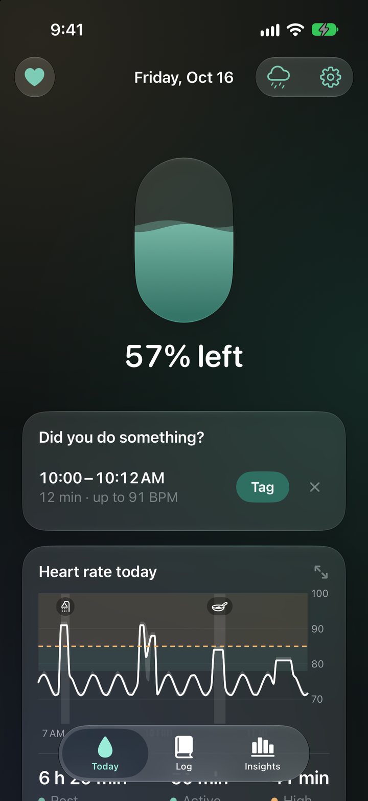 Tachie’s Today screen: a glass a little over half full above “57% left”, a card asking “Did you do something?” about 10:00 to 10:12 AM, and today’s heart rate.